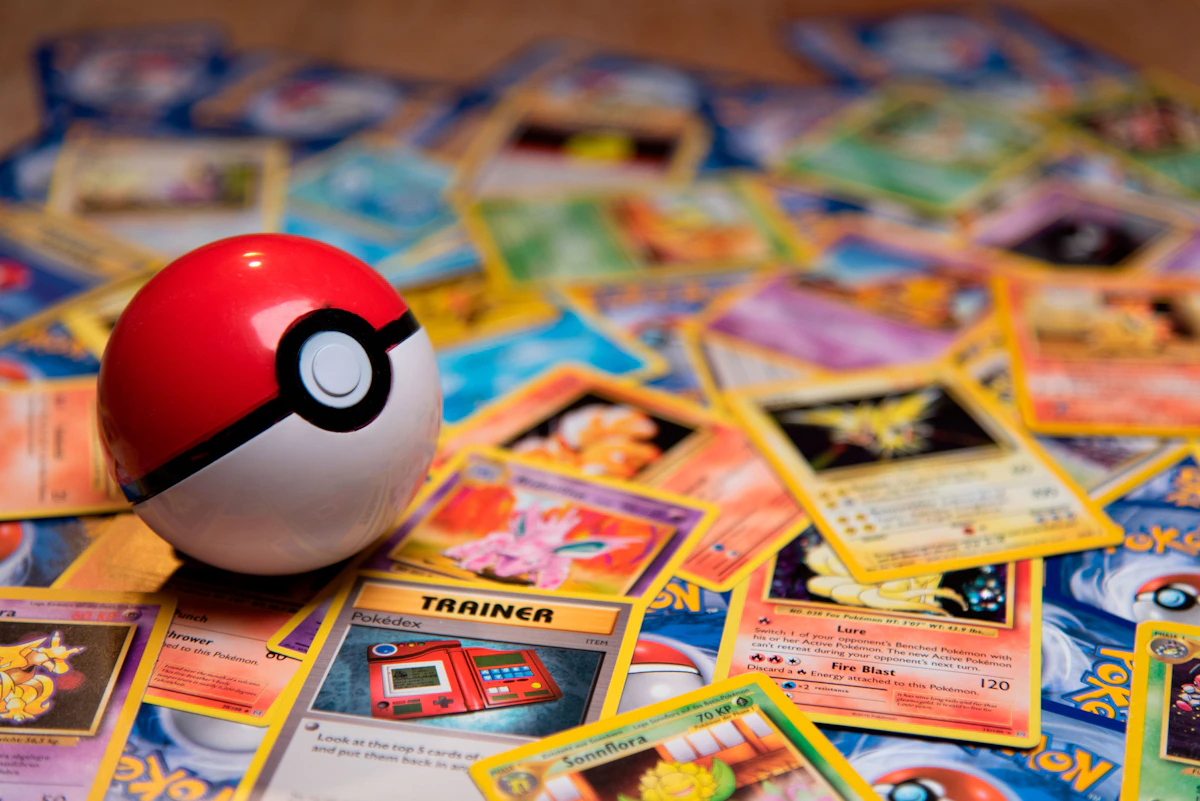 Pokémon trading cards displayed by a collector