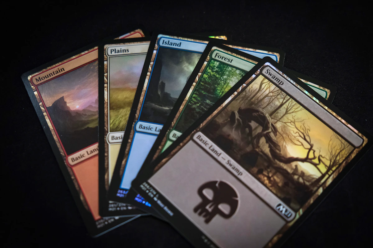 Magic: The Gathering cards arranged on a table